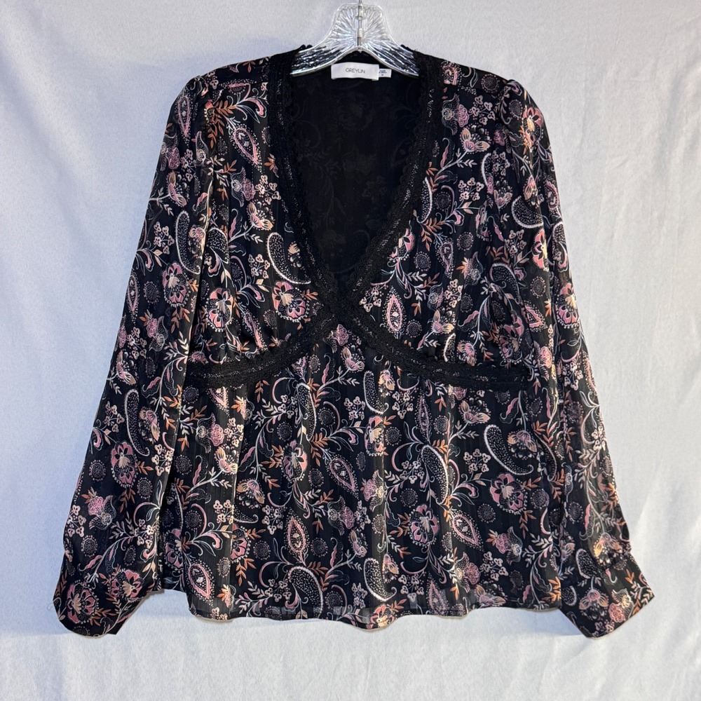 Greylin Paisley Floral Lace Trim V-Neck Blouse Medium Black Pink Boho Romantic